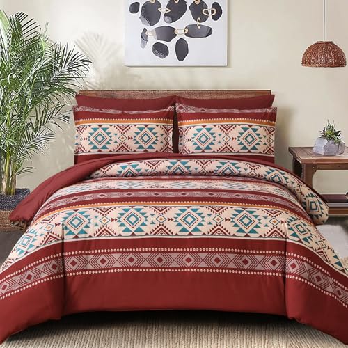 Anibedding Red Comforter Set Queen 7 Pieces Boho Bed in a Bag, Burgundy Aztec Striped Comforter Set with Sheets, Soft Microfiber Reversible Western Bedding Set for All Season