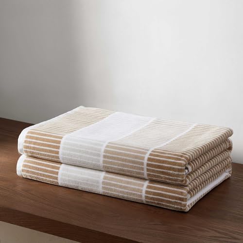 "Calvin Klein - Beach Towels, 2-Piece Soft & Absorbent Towel Set, Classic Stripe Beach Essentials (Blocked Beige, 36"" x 68"")"