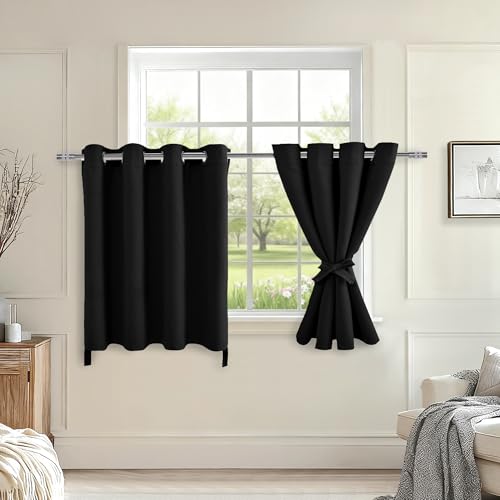 Hiasan RV Blackout Curtains for Bedroom, 52 x 36 Inches Long - Thermal Insulated & Light Blocking Window Curtains for Living Room, 2 Drape Panels Sewn with Tiebacks, Black