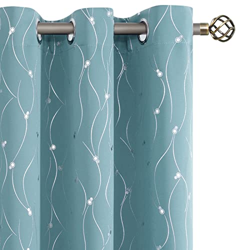BGment Blackout Curtains 45 Inches Long, Grommet Thermal Insulated Blackout Curtains with Wave Line and Dots Printed for Bedroom, 2 Panels, Each 42 x 45 Inch, Aqua