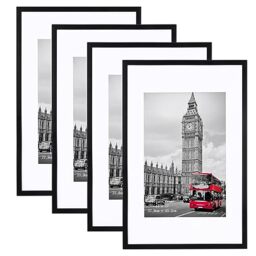 Giftgarden 11x17 Picture Frame Pack of 4, Matted 11x17 Frames for 8x12 Pictures with Mats, 11 x 17 Poster without Mat for Wall Hanging Display, Black