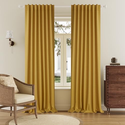 "DUALIFE Yellow Blackout Curtains 102 Inch Length 2 Panels Set for Living Room Bedroom Rod&Back Tab Thermal Insulated 100% Black Out Linen Drapes Room Darkening Window Curtains 72"" x 102"""