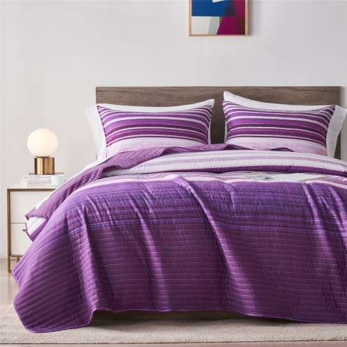 KAKIJUMN Twin Quilt Bedding Set, White and Purple Patchwork Striped Quilt Set, 2 Pieces Soft Lightweight Bedspread Coverlet Set with 1 Pillow Sham(Purple,Twin)