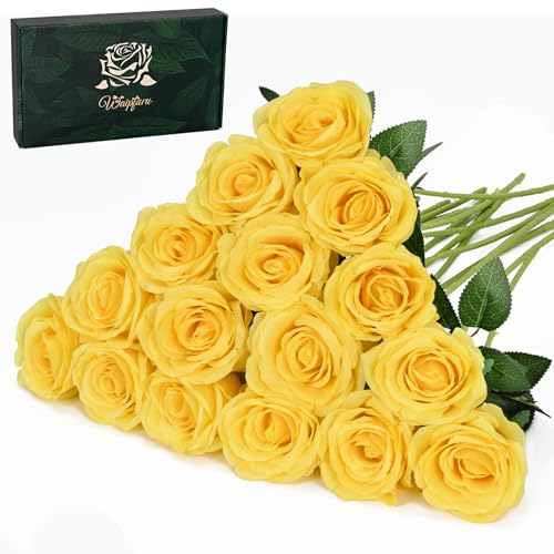 Waipfaru 16 Pcs Mothers Day Fake Roses, Silk Yellow Roses Artificial Flowers with Long Stems for Valentines Day Wedding Bouquet Vase, Cemetery Flowers for Grave (Yellow)