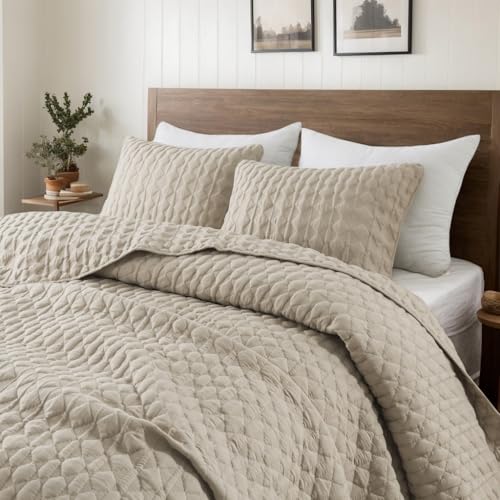 WDCOZY Beige Quit Twin Size Bedding Sets with Pillow Sham, Lightweight Bedspread Coverlet, Twin XL Thin Comforter Bed Cover, All Season Summer Spring, Tan Cream, 2 Pieces, 68x90 inches