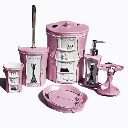 LUANT 6 PCS Bathroom Accessories Including Soap Dispenser, Soap Dish, Tumbler, Teethbrush Holder, Trash Can and Toilet Brush, Decoration for Girl's Bathroom, Countertop Oragnizer, Pink