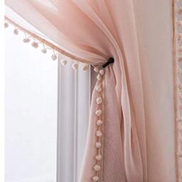 MISS SELECTEX Linen Look Pom Pom Tasseled Sheer Curtains - Rod Pocket Voile Semi-Sheer Curtains for Living and Bedroom, Set of 2 Curtain Panels (52 x 84 inch, Blush)