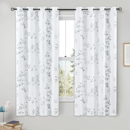 Beauoop Set of 2 Full Blackout Window Curtains - Floral Botanical Print - Thermal Insulated - Energy Efficient - Leaf Shaped Grommets - 52 by 54 Inch, White/Grey