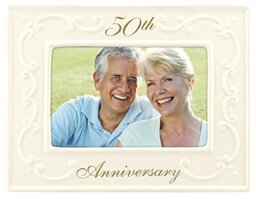 Malden International Designs Glazed Ceramic With Gold Accents 50th Anniversary Picture Frame, 4x6, White