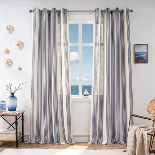 DriftAway Farmhouse Vertical Striped Linen Blend Textured Light Filtering Semi Sheer Curtains for Living Room Bedroom 84 Inches Long Drapes 2 Panels Broad Striped Jean Navy