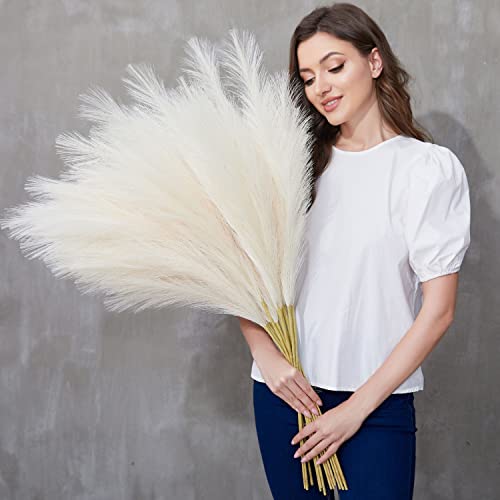 QUBITFUL Faux Pampas Grass, 9 PCS 37''/3.1FT Tall Fluffy Fake Pompas Floral, Large Artificial Pompous Grass Branches for Floor Vase Fillers, Boho Farmhouse Room Wedding Decor(Ivory)