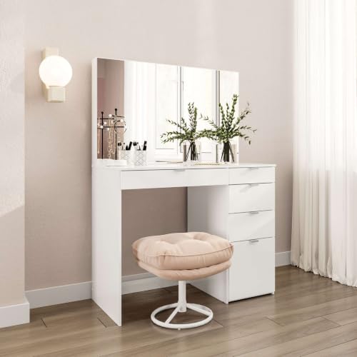 Ava 5 Drawer Dressing Table and Mirror, White.