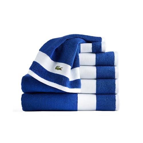 Lacoste Sport Stripe 6-Piece Luxury Cotton Towel Set – Made with 100% Soft Supima Cotton, Absorbent & Quick-Drying, Includes 2 Bath Towels, 2 Hand Towels, 2 Washcloths, Surf Blue