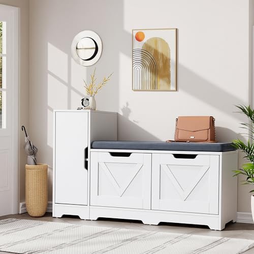 YITAHOME Shoe Bench, Storage Bench with Side High Cabinet and Door, Shoe Storage Bench with Padded Seat, with Cushion for Living Room, Hallway, White
