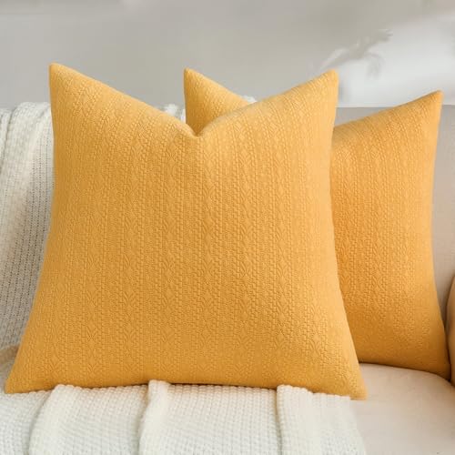 FUTEI Mustard Yellow Chenille Throw Pillow Covers 18x18 Inch Set of 2,Luxuriously Soft Argyle Textured Cushion Cases,Modern Home Decor for Couch Living Room
