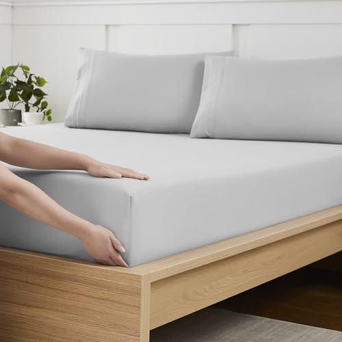 King Size Fitted Sheet Only with Full Elastic & Built in Corner Sheet Straps to Prevent Shifting - Soft & Breathable Brushed Microfiber Bottom Sheet, King, Silver