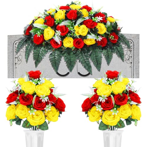 Giegxin 3 Pcs Spring Headstone Flower Saddle Cemetery Flowers for Grave Red Yellow Rose Artificial Memorial Floral with Vase Easter Bouquets Arrangement Outdoor Tombstone Decoration for Headstone