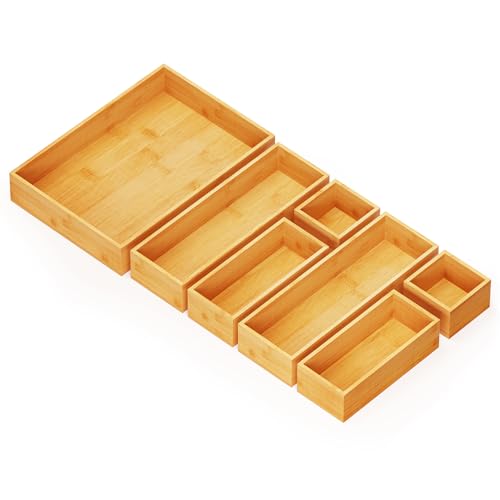 SpaceAid 7-Piece Bamboo Drawer Organiser Storage Boxes Set, Wood Tray Junk Drawer Organisers Multi-Use Divider Bins for Kitchen, Bathroom, Office Desk and Makeup Organisation (7 Pack, Natural)