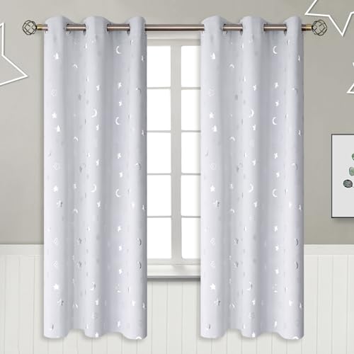 BGment Nursery Curtains for Kids Room, Star and Moon Room Darkening Curtains for Girls Boys Bedroom, BlackoutThermal Insulated Decoration Window Grommet Curtains, 2 Panels, 42 x 72 Inch, Greyish White