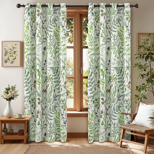 keensoft Botanical 100% Blackout Curtains for Bedroom 63 Inch Length 2 Panels Set Beige Green Plant Floral Black Out Curtains Insulated Grommet Room Darkening Window Drapes for Living Room???52Wx63L