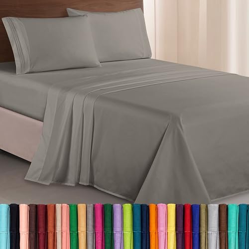 Elegant Comfort Luxurious 1500 Premium Hotel Quality Microfiber Three Line Embroidered Softest 4-Piece Bed Sheet Set, Wrinkle and Fade Resistant, California King, Gray