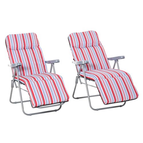 Outsunny Reclining Garden Chair Set of 2, 5-Level Adjustable Red Stripe - Zero Gravity Chairs, Cushions, Folding Sun Lounger Recliner, Armrests, for Outdoor, Patio