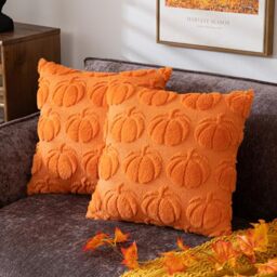 "COSIBONO Pumpkin Fall Decorative Throw Pillow Covers 18""x18"", Set of 2 Orange Soft Faux Fur Pillow Covers for Autumn Harvest, Fluffy Plush Accent Pillow Cases for Farmhouse Couch Cushion Covers"