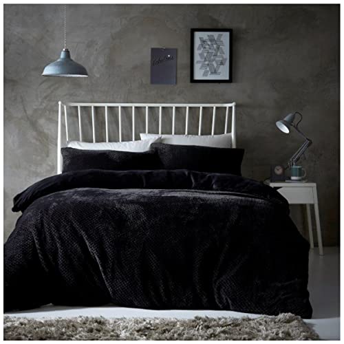 Gaveno Cavailia Popcorn King Duvet Set Black, Honeycomb Waffle Weave Bedding, 3 Piece Teddy Flannel Fleece Reversible Bedlinen, Easy Care DuvetCover Bedset, 1 Quilt Cover and 2 Pillow Cases