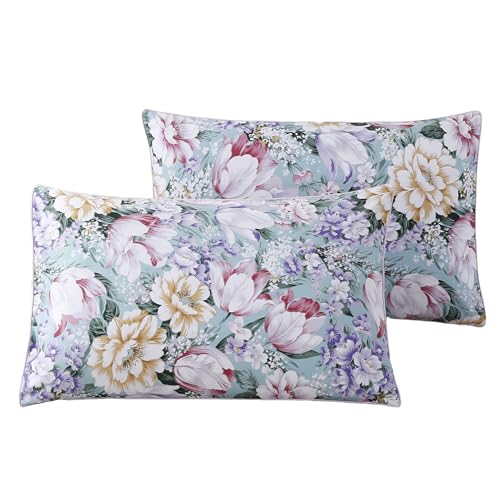 WINLIFE 100% Cotton Pillowcases Garden Floral Printed Pillow Cases Set of 2 Aqua Yellow Lavender Purple Flowers Print Pillow Cover (King 20 x 36'', Purple Flower)