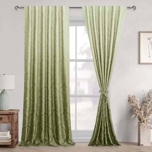DWCN Ombre Pattern Curtains 96 inches Long for Bedroom - Back Tab Damask Design Thermal Insulted Tieable Window Drapes Light Blocking Curtains for Living Room, 2 Panels, W52 x L96, Moss Green