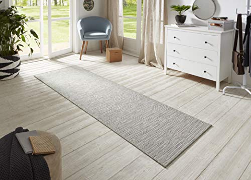 BT Carpet Nature Runner Indoor and Outdoor - Loop Kitchen Runner Non-Slip Flat Weave Short Pile Wool Look Fineloop Kitchen Rug for Hallway, Garden, Patio, Bathroom - Cream Grey, 80 x 450 cm