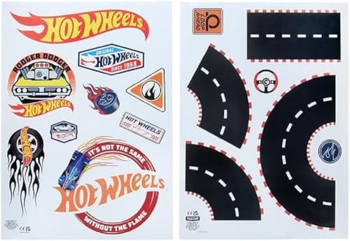 Hot Wheels Personalised Kids' Room Wall Decals - Officially Licensed Playroom Decorations, Includes Speedway Roads, Cars, Racing Flags, Letters, and Signs - Paladone