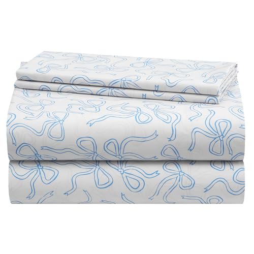 Urban Lifestyle 4 Piece Sheet Set, Including Top Sheet, Fitted Sheet and 2 Pillow Cases, Coquette Bow, Baby Blue, Queen
