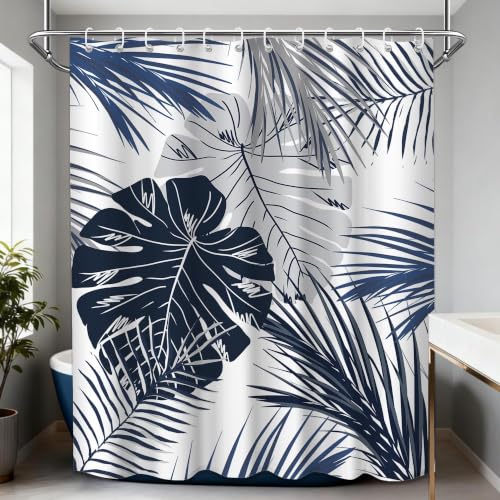 DLTAY Navy Blue Tropical Shower Curtain Palm Leaf Blue Gray Shower Curtain for Bathroom Decor, Waterproof Fabric Set with Hooks, 70 x 84 Inches