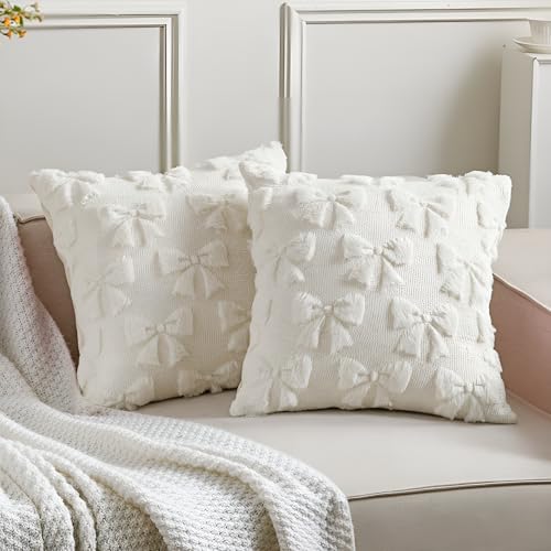 Mixweer Bow Pillow Covers Set of 2 Coquette Room Decor Cute Faux Fur Soft Coquette Bowknot Preppy Stuff Fluffy Plush Aesthetic Pillow Covers for Bed Sofa Couch(18 x 18 Inch,Cream White)