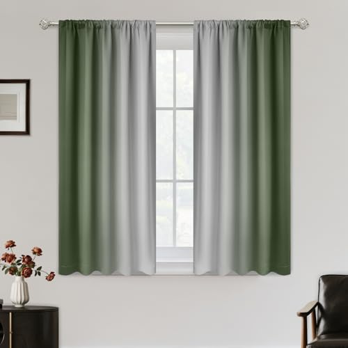 SimpleHome Ombre Room Darkening Curtains for Living Room, Rod Pocket Light Blocking Gradient Sage Green to Greyish White Thermal Insulated Window Drapes for Bedroom, 2 Panels, 52x45 inches Length