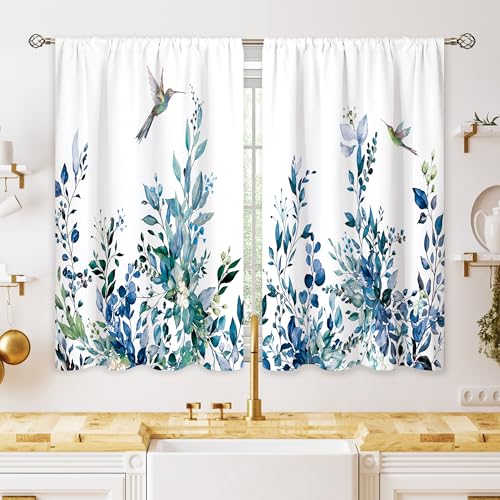 oolygoo Blue Eucalyptus Botanical Leaves Floral Kitchen Window Curtains Flower Leaf Small Hummingbird Window Treatment Cafe Short Curtains for Bathroom Treatment Tier Drapes 27.5x39inch