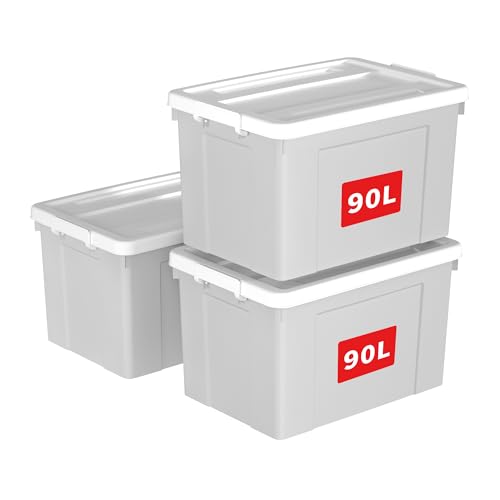Cetomo 90L*3 Storage Boxes, Plastic Storage Box with Lids, Organizing Container with Secure Latching Buckles, Stackable, Nestable, Tote Bin for Home Office Clothes, 90L-3Pack, Gray