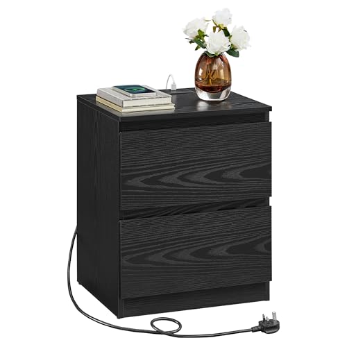 VASAGLE KAILYN Collection - Nightstand with Charging Station, Bedside Table with Drawers, Side End Table, 2 AC Outlets, 2 USB Ports, for Living Room, Bedroom, Study, Ebony Black LET621B01