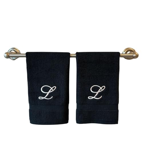 Black Monogrammed Hand Towels for Bathroom - Luxury Hotel Quality Personalized Initial Embroidered Towel for Powder Room, Spa - GOTS Organic Certified - Set of 2 White Letter L