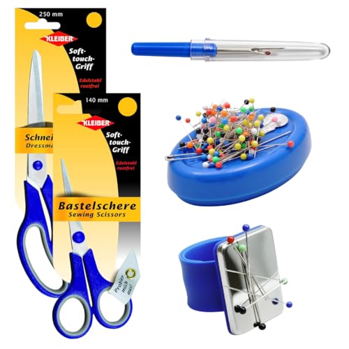 Kleiber Sewing Deluxe Kit - 250mm & 140mm Scissors, Magnetic Pin Cushion, Wrist Pin Cushion & Seam Ripper - 5-Piece Dressmaking Set for Fabric Cutting & Sewing - Blue Gift Set