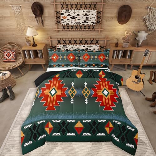 Erosebridal Southwestern Aztec King Comforter Set, Rustic Western Bedding Set, Exotic American Native Bedding Comforter Sets for Boys Teens Men Bedroom, Vintage Bohemian Geometric Quilt, Red Green