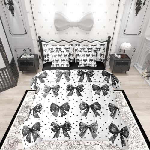 Erosebridal Black Bow Bed in A Bag with Sheets for Girls Kids Teens Adults Princess Cartoon Star Full Comforter Set 7 Piece Kawaii Bowknot Bedding Set Butterfly Knot Bed Set Room Decor