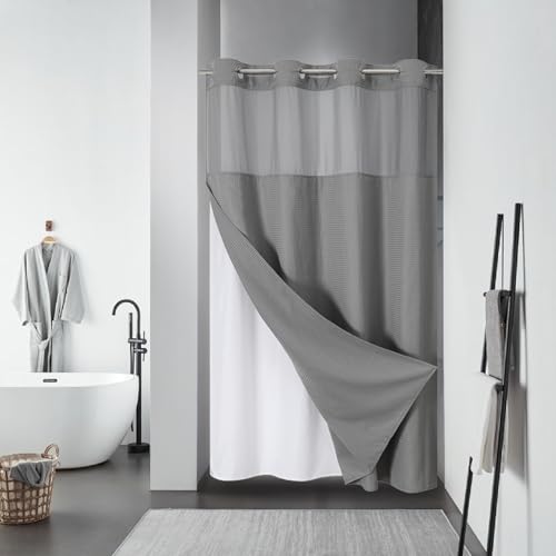 eachope No Hook Waffle Shower Curtain with Snap-in Liner, 48x74 Inch, Grey - 230GSM waffle weave fabric, waterproof liner set with 2 bottom magnets, mesh window, washable, for shower stalls or bathrooms