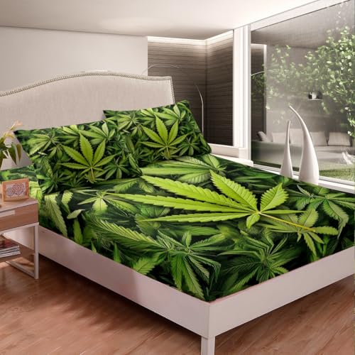 Feelyou Marijuana Leaf Bedding Set Cannabis Leaves Bed Sheet Set for Men Adult Marijuana Weed Leaf Printed Fitted Sheet Green Nature Bed Cover Room Decor 2Pcs with 1 Pillow Case Twin Size
