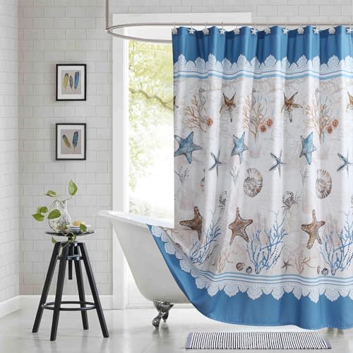 BESTRIPES Long Coastal Shower Curtain 78 Inches, Starfish Seashells & Seahorses on Nautical Map, Water Repellent Fabric, 12 Grommets & Weighted Hem, Azure Blue