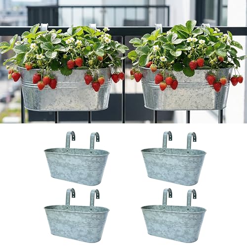 LaLaGreen Outdoor Plants Rail Planter (4 Pack, 16 Inch) Silver Metal Iron Hanging Flower Pot Deck Railings Fence Bucket Modern Boho Style Wall Mount Window Box Plant Wall Hanger Hooks Porch Home Decor