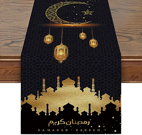 "Siilues Ramadan Decorations, Ramadan Table Runner Eid Mubarak Mosque Muslim Islamic Golden Moon Religious Burlap Table Runner for Indoor Outdoor Dining Table Decoration (Black, 13"" x 48"")"