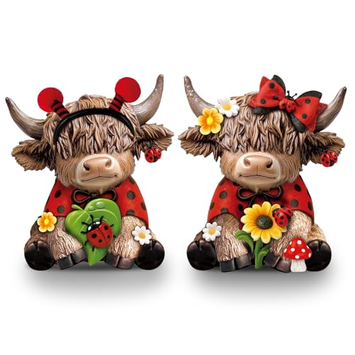 Karenhi 2 Pcs Ladybug Highland Cow Figurines, Ladybird Cute Resin Cow Decoration Statue Calf Gifts for Summer Home Garden Kitchen Office Tiered Tray Table Decor