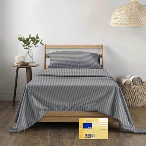 "THREAD SPREAD Luxury Egyptian Cotton Twin Striped Sheet Set - 600 Series Bliss Collection Extra Long Staple Set (3 PC, Dark Grey Stripe), Twin Damask Sheets, Cooling Sheets Upto 18"" Deep Pocket"